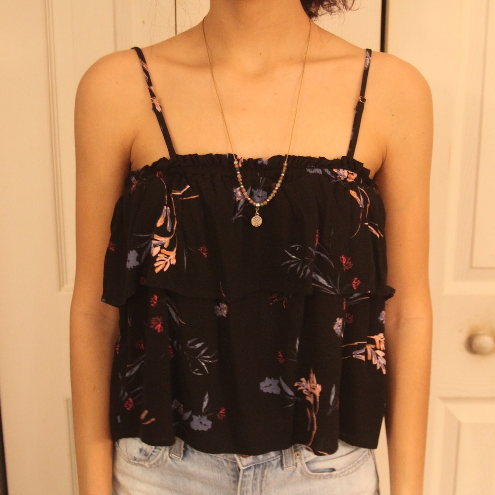 Black, purple and pink floral print stretch tank